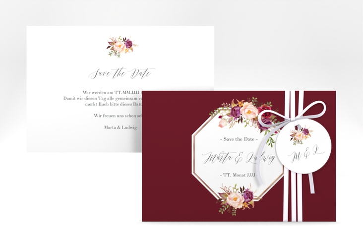 Save the Date-Karte Prachtvoll A6 Karte quer rot rosegold