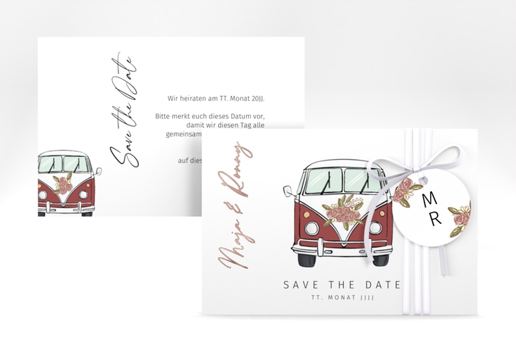 Save the Date-Karte Hochzeitsbulli A6 Karte quer rot rosegold