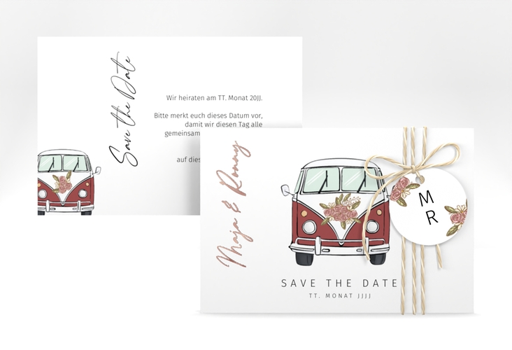 Save the Date-Karte Hochzeitsbulli A6 Karte quer rot rosegold