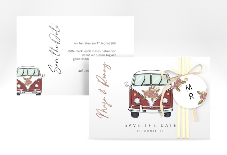 Save the Date-Karte Hochzeitsbulli A6 Karte quer rot rosegold