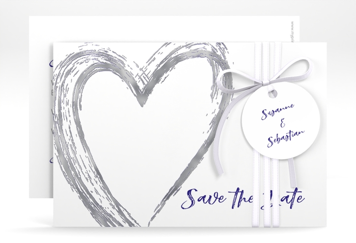 Save the Date-Karte Liebe A6 Karte quer blau silber