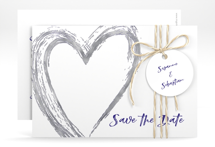 Save the Date-Karte Liebe A6 Karte quer blau silber