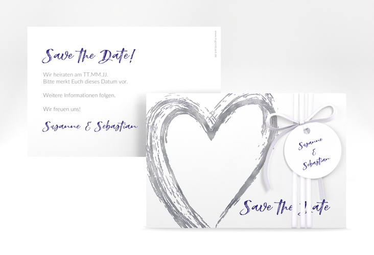 Save the Date-Karte Liebe A6 Karte quer blau silber