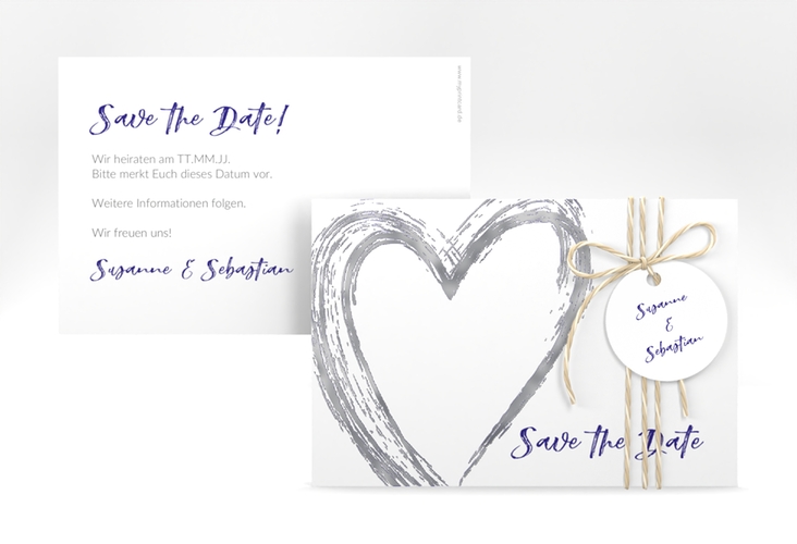 Save the Date-Karte Liebe A6 Karte quer blau silber