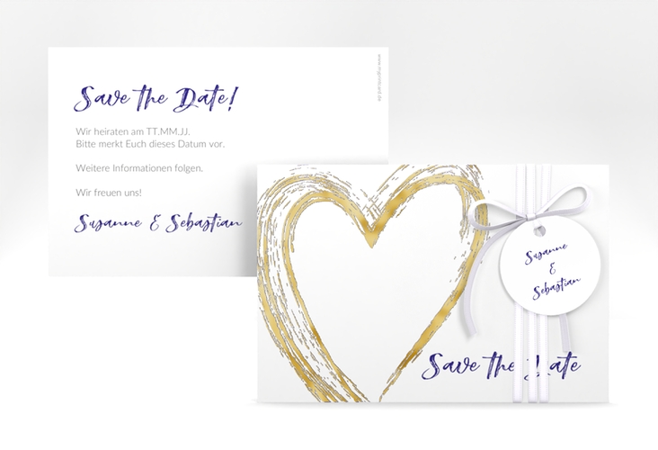 Save the Date-Karte Liebe A6 Karte quer blau gold