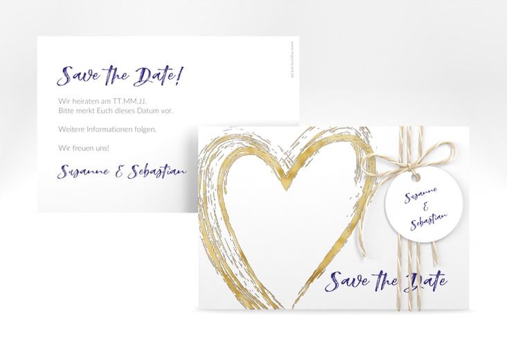 Save the Date-Karte Liebe A6 Karte quer blau gold
