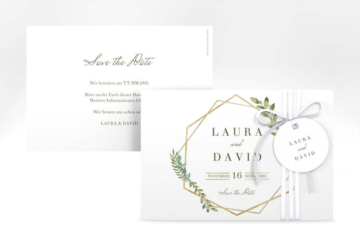 Save the Date-Karte Herbarium A6 Karte quer grau gold mit geometrischem Rahmen und Blätter-Dekor