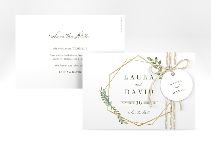 Save the Date-Karte Herbarium A6 Karte quer grau gold mit geometrischem Rahmen und Blätter-Dekor