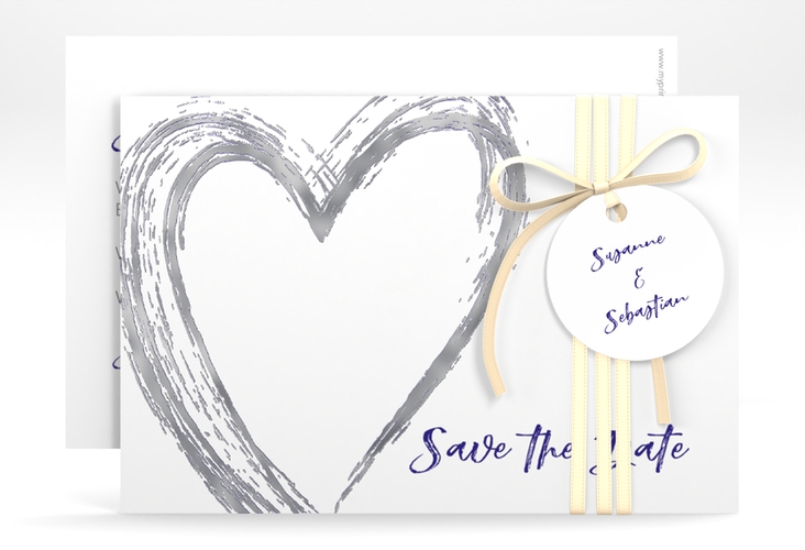 Save the Date-Karte Liebe A6 Karte quer blau silber