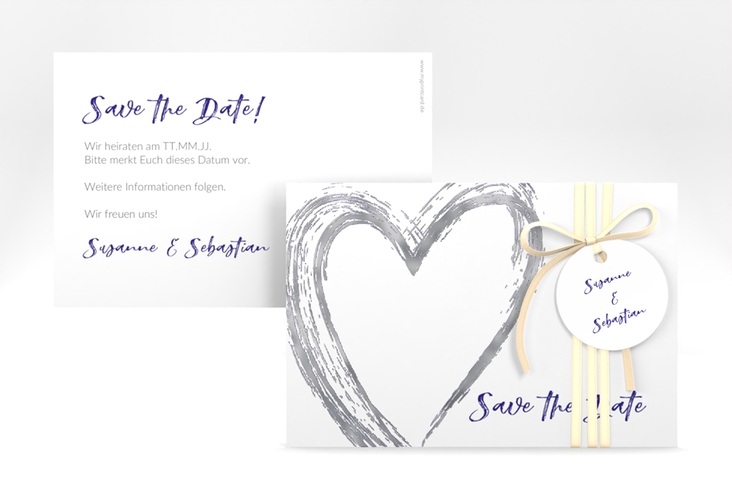 Save the Date-Karte Liebe A6 Karte quer blau silber