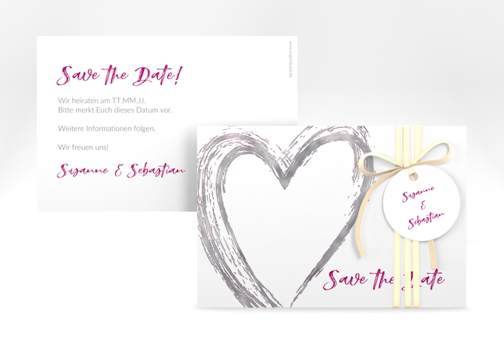 Save the Date-Karte Liebe A6 Karte quer pink silber