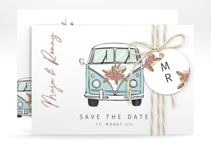 Save the Date-Karte Hochzeitsbulli A6 Karte quer blau rosegold