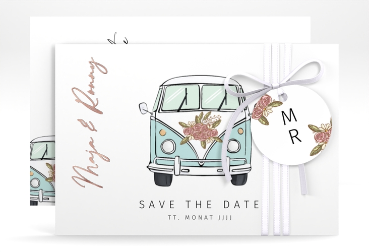Save the Date-Karte Hochzeitsbulli A6 Karte quer blau rosegold