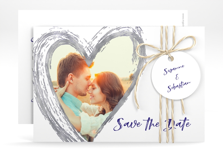 Save the Date-Karte Liebe A6 Karte quer blau silber