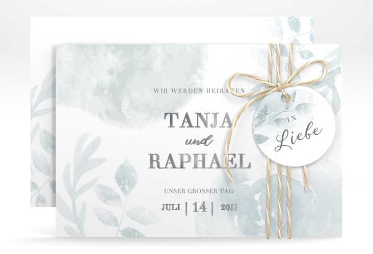 Save the Date-Karte Blätterdruck A6 Karte quer mint silber