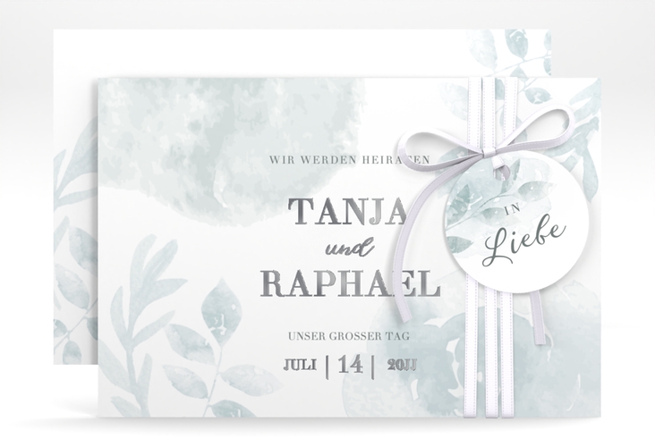 Save the Date-Karte Blätterdruck A6 Karte quer mint silber
