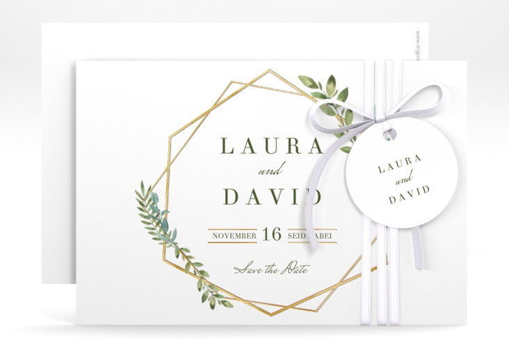 Save the Date-Karte Herbarium A6 Karte quer rosa gold mit geometrischem Rahmen und Blätter-Dekor