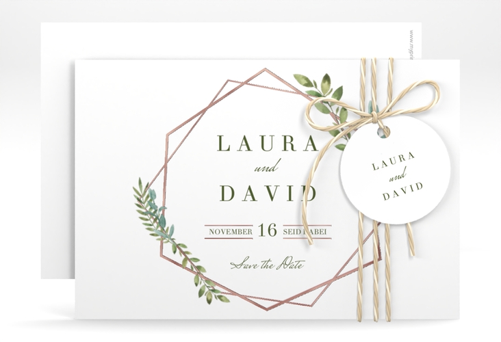 Save the Date-Karte Herbarium A6 Karte quer rosa rosegold mit geometrischem Rahmen und Blätter-Dekor