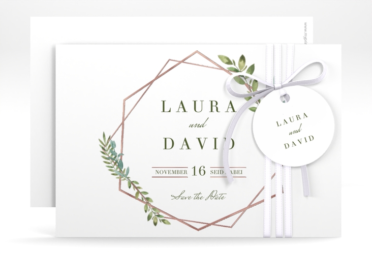 Save the Date-Karte Herbarium A6 Karte quer rosa rosegold mit geometrischem Rahmen und Blätter-Dekor