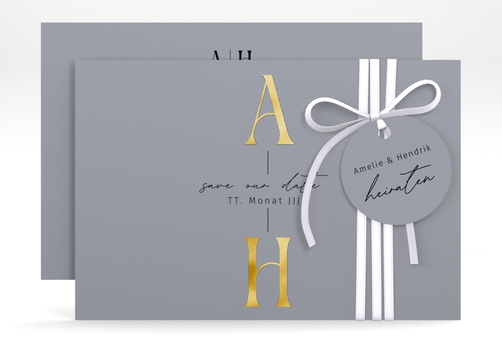 Save the Date-Karte Lebensbund A6 Karte quer blau gold mit veredelbaren Initialen