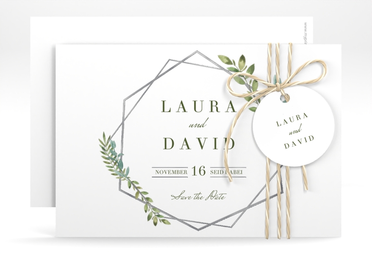 Save the Date-Karte Herbarium A6 Karte quer grau silber mit geometrischem Rahmen und Blätter-Dekor