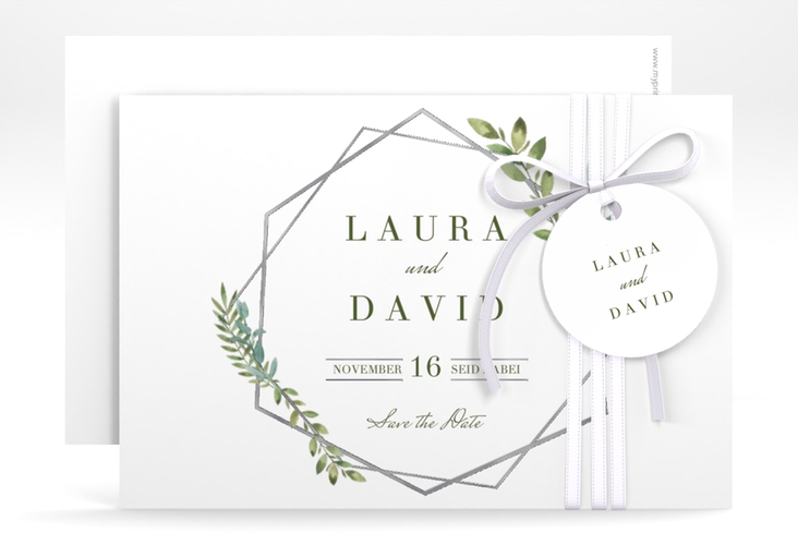 Save the Date-Karte Herbarium A6 Karte quer grau silber mit geometrischem Rahmen und Blätter-Dekor