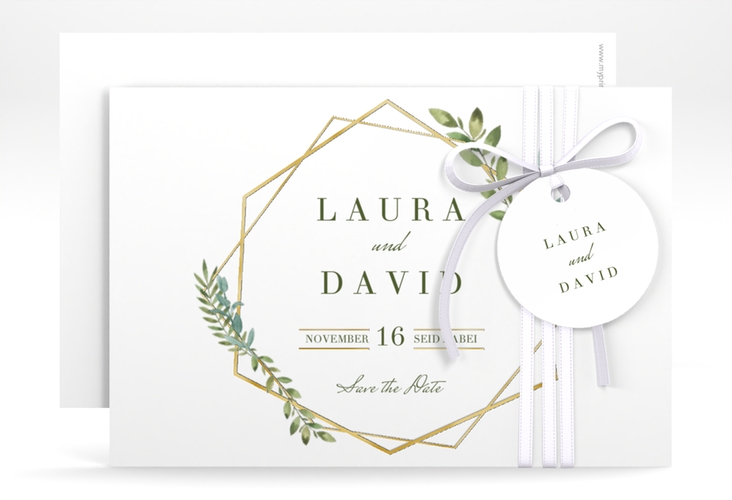 Save the Date-Karte Herbarium A6 Karte quer grau gold mit geometrischem Rahmen und Blätter-Dekor