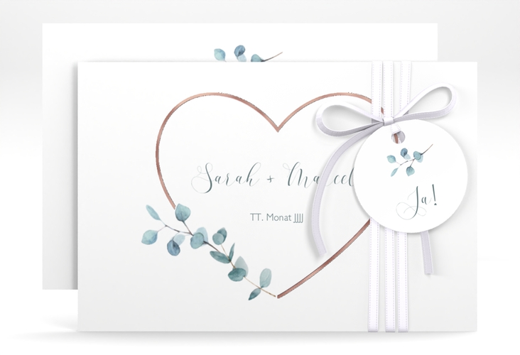 Save the Date-Karte Greenheart A6 Karte quer rosa rosegold mit elegantem Herz und Eukalyptus-Zweig