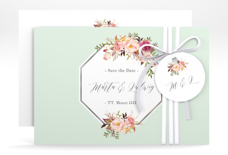 Save the Date-Karte Prachtvoll A6 Karte quer mint silber