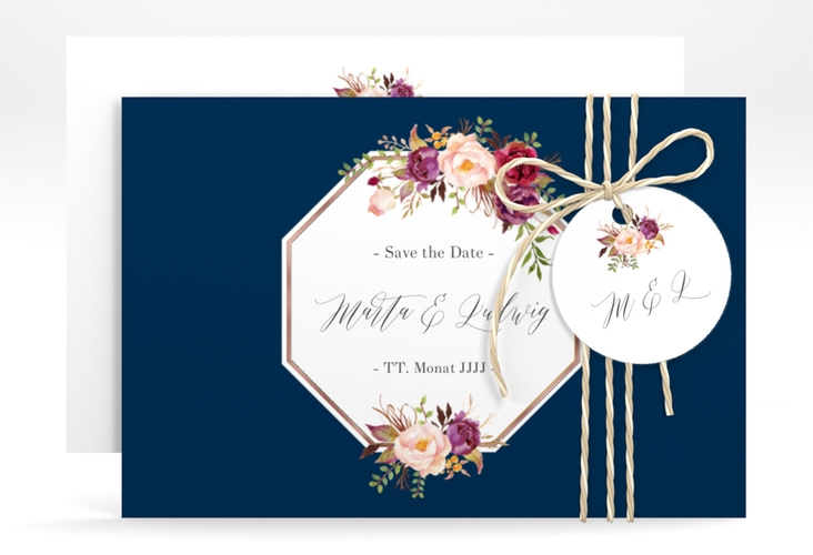 Save the Date-Karte Prachtvoll A6 Karte quer blau rosegold