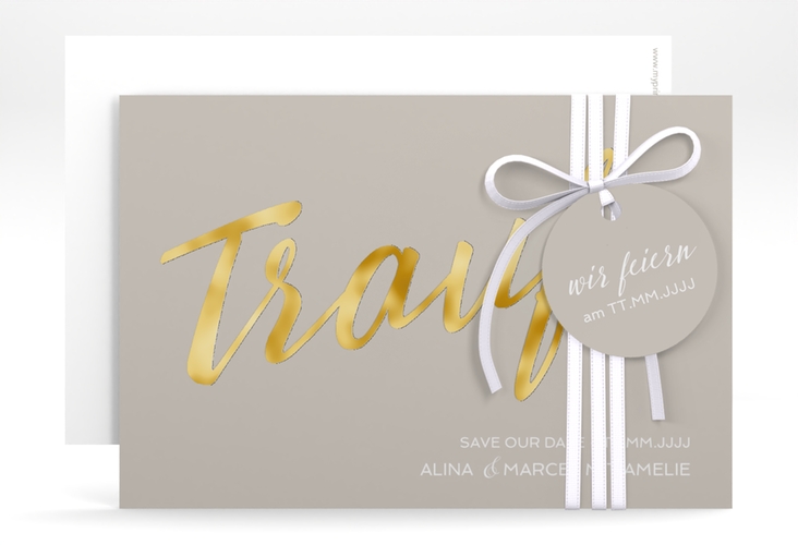 Save the Date-Karte Traufe A6 Karte quer grau gold