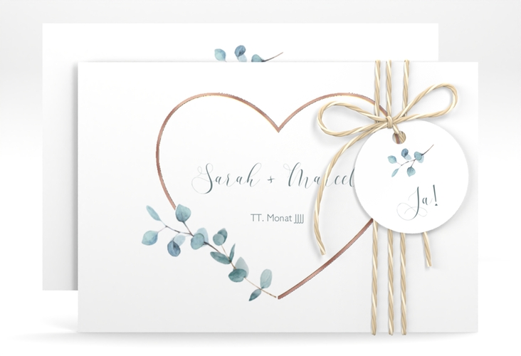 Save the Date-Karte Greenheart A6 Karte quer gold rosegold mit elegantem Herz und Eukalyptus-Zweig