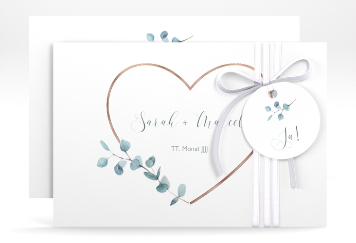 Save the Date-Karte Greenheart A6 Karte quer gold rosegold mit elegantem Herz und Eukalyptus-Zweig