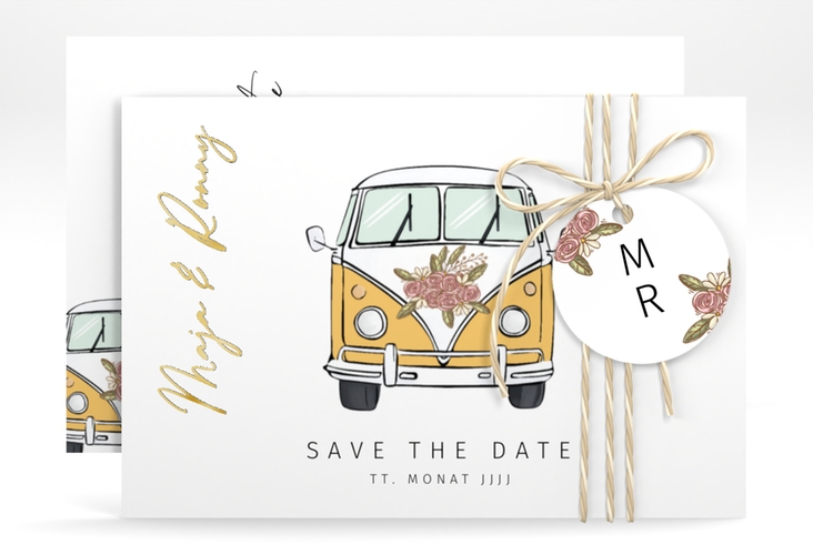 Save the Date-Karte Hochzeitsbulli A6 Karte quer gelb gold