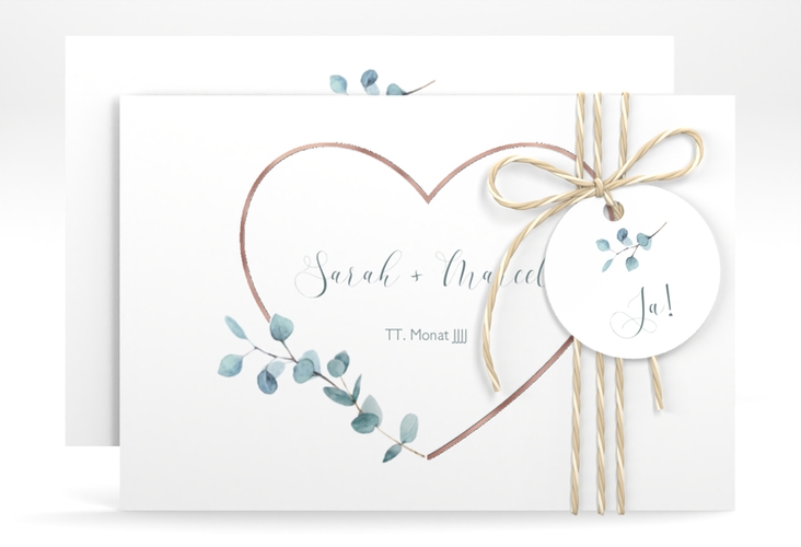 Save the Date-Karte Greenheart A6 Karte quer grau rosegold mit elegantem Herz und Eukalyptus-Zweig