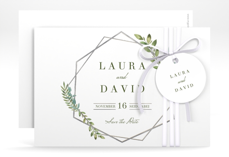 Save the Date-Karte Herbarium A6 Karte quer gold silber mit geometrischem Rahmen und Blätter-Dekor