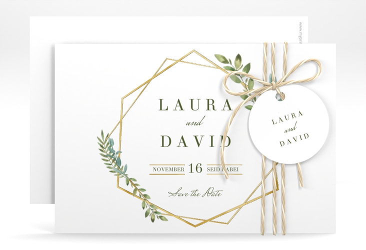 Save the Date-Karte Herbarium A6 Karte quer gold gold mit geometrischem Rahmen und Blätter-Dekor