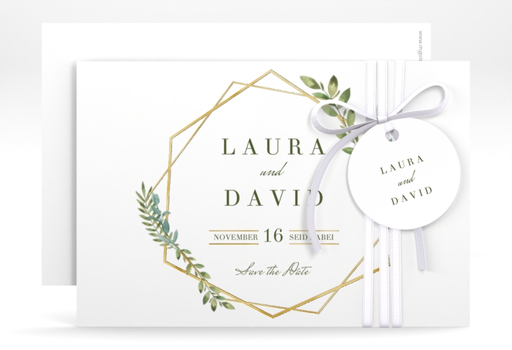 Save the Date-Karte Herbarium A6 Karte quer gold gold mit geometrischem Rahmen und Blätter-Dekor
