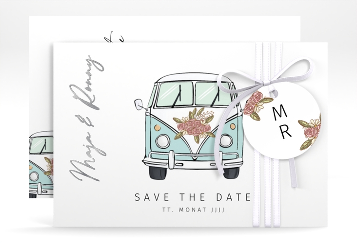Save the Date-Karte Hochzeitsbulli A6 Karte quer blau silber