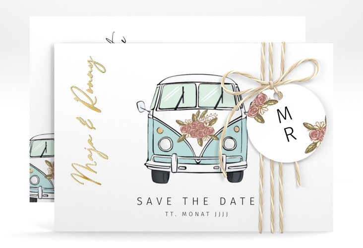 Save the Date-Karte Hochzeitsbulli A6 Karte quer blau gold