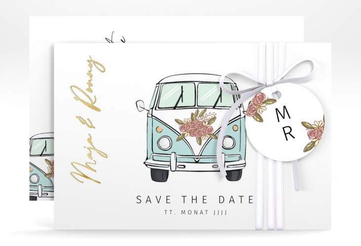 Save the Date-Karte Hochzeitsbulli A6 Karte quer blau gold
