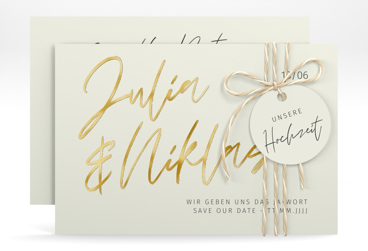 Save the Date-Karte Einfachheit A6 Karte quer mint gold mit modernem Schriftzug
