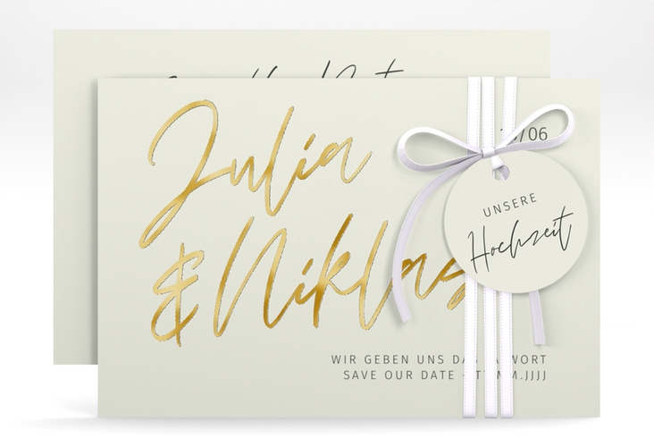 Save the Date-Karte Einfachheit A6 Karte quer mint gold mit modernem Schriftzug