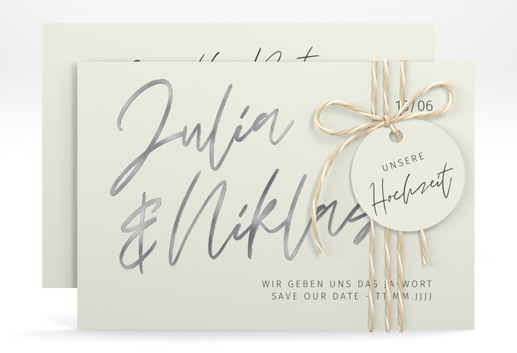 Save the Date-Karte Einfachheit A6 Karte quer mint silber mit modernem Schriftzug