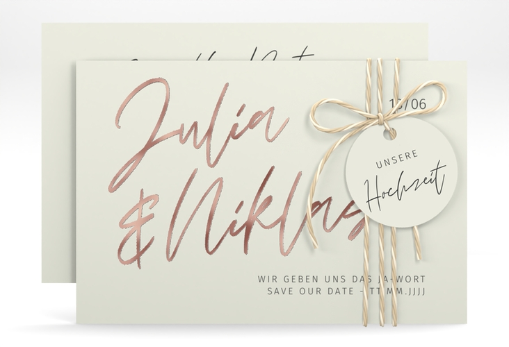 Save the Date-Karte Einfachheit A6 Karte quer mint rosegold mit modernem Schriftzug