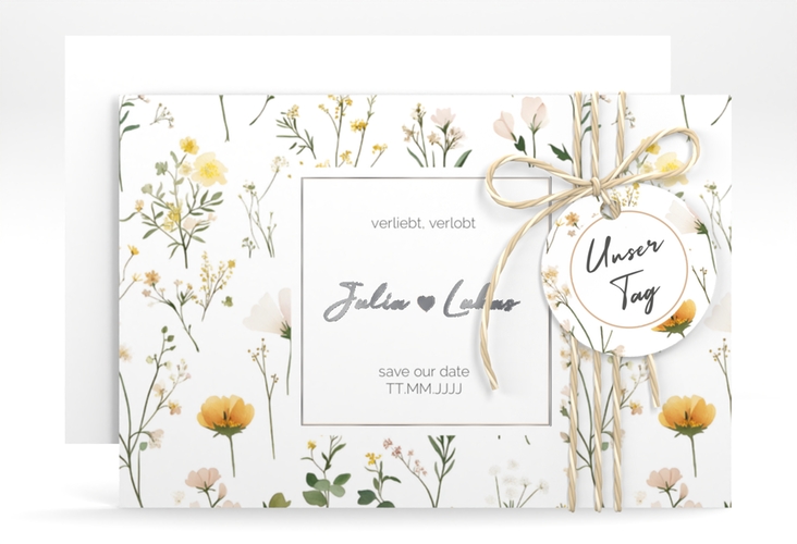 Save the Date-Karte Blumenwiese A6 Karte quer bunt silber