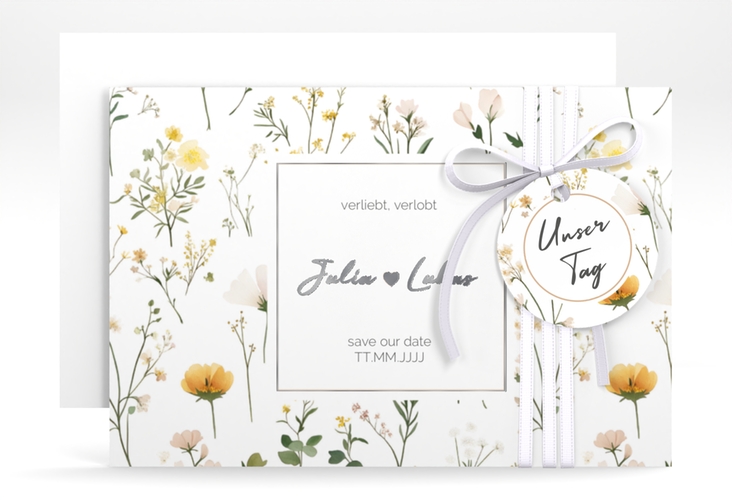 Save the Date-Karte Blumenwiese A6 Karte quer bunt silber