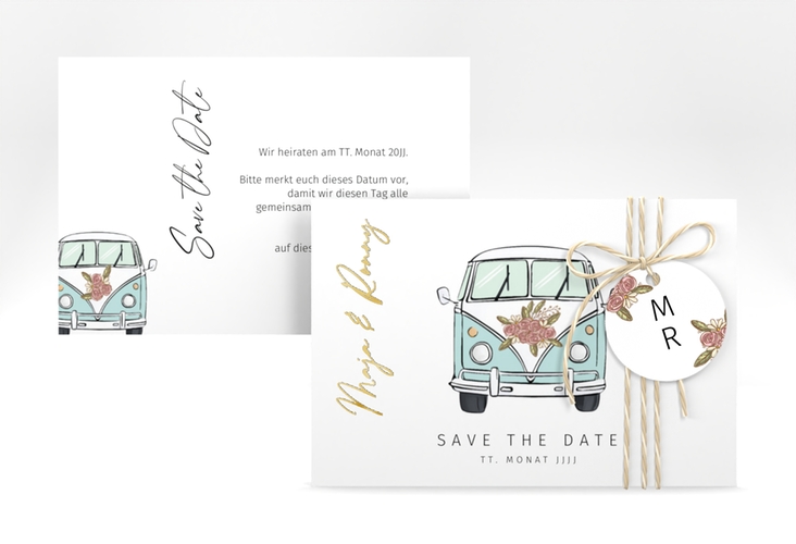 Save the Date-Karte Hochzeitsbulli A6 Karte quer blau gold