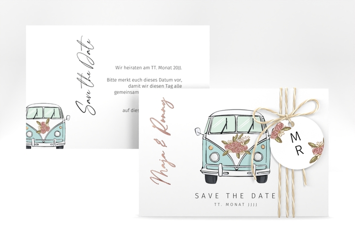 Save the Date-Karte Hochzeitsbulli A6 Karte quer blau rosegold