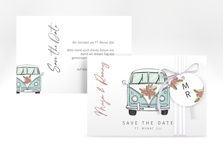 Save the Date-Karte Hochzeitsbulli A6 Karte quer blau rosegold